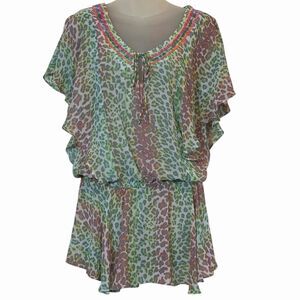 Womens Swim Cover Up XS Small Leopard Sheer Beaded Sequin Beach Boho Resort Wear